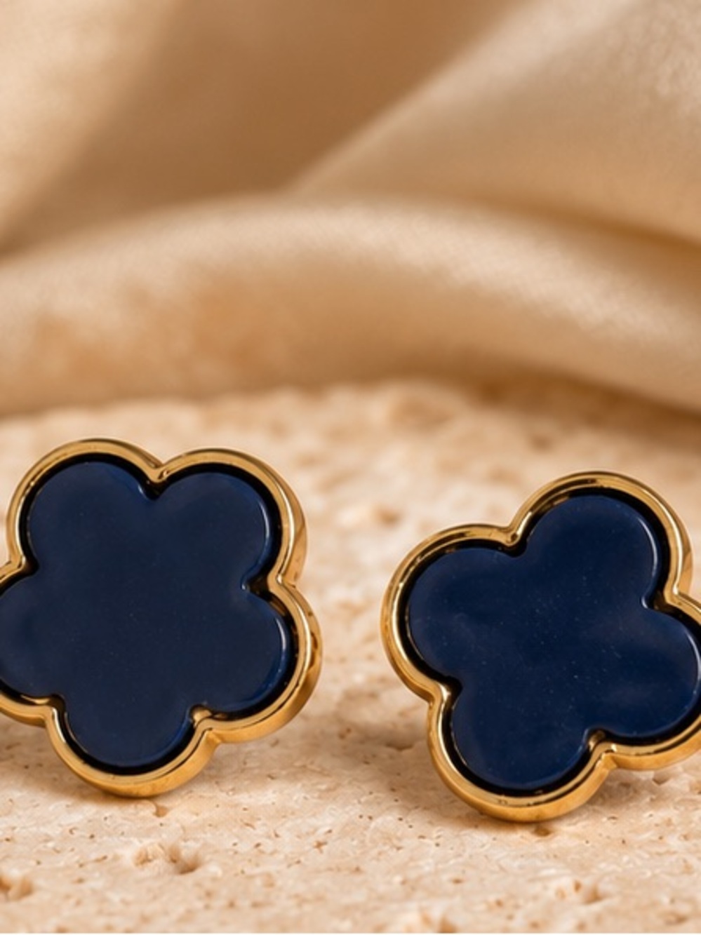 Luxe Blue Clover Flower Stud Earrings with Gold Trim